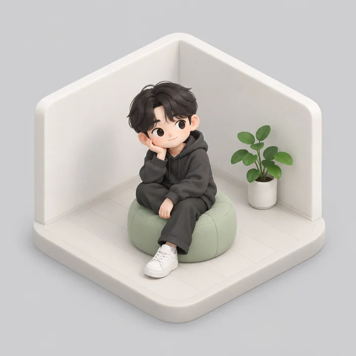 작은 방 안 빈백에 앉아 있는 메이트 캐릭터 3D 일러스트